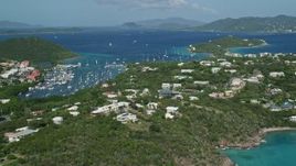 4.8K aerial stock footage flying over trees and homes surrounded by sapphire blue waters, Red Hook, St Thomas Aerial Stock Footage | AX102_240E