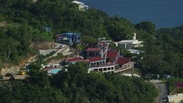 4.8K aerial stock footage of Paradise Point Tramway overlooking Caribbean blue waters, Charlotte Amalie Aerial Stock Footage | AX103_007E