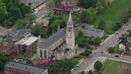 4.8K aerial stock footage approaching cathedral with steeple, Pittsburgh, Pennsylvania Aerial Stock Footage | AX105_101E