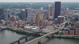4.8K aerial stock footage of passing by skyscrapers and high-rises, Downtown Pittsburgh, Pennsylvania Aerial Stock Footage | AX105_111E