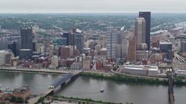 4.8K aerial stock footage orbiting skyscrapers across the river, Downtown Pittsburgh, Pennsylvania Aerial Stock Footage | AX105_114