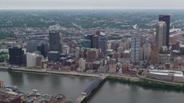 4.8K aerial stock footage approaching skyscrapers and flying over Downtown Pittsburgh, Pennsylvania Aerial Stock Footage | AX105_134E