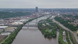 4.8K aerial stock footage of a river and skyscrapers, Downtown Pittsburgh, Pennsylvania Aerial Stock Footage | AX105_146