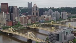 4.8K aerial stock footage of bridges spanning river, Downtown Pittsburgh, Pennsylvania Aerial Stock Footage | AX105_153E