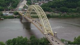 4.8K aerial stock footage orbiting Fort Pitt Bridge, Downtown Pittsburgh, Pennsylvania Aerial Stock Footage | AX105_158