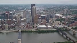 4.8K aerial stock footage orbiting skyscrapers near the river, Downtown Pittsburgh, Pennsylvania Aerial Stock Footage | AX105_233