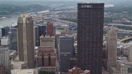 4.8K aerial stock footage of skyscrapers and small river ridges, Downtown Pittsburgh, Pennsylvania Aerial Stock Footage | AX105_235
