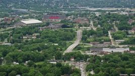 4.8K aerial stock footage of campus buildings and stadium, Youngstown State University, Ohio Aerial Stock Footage | AX106_094