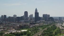 4.8K aerial stock footage of skyline of Downtown Cleveland, Ohio Aerial Stock Footage | AX106_201E