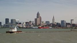 4.8K aerial stock footage of the skyline seen from a lighthouse, Downtown Cleveland, Ohio Aerial Stock Footage | AX106_209E