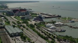 4.8K aerial stock footage of the Rock and Roll Hall of Fame in Downtown Cleveland, Ohio Aerial Stock Footage | AX106_227