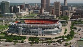 4.8K aerial stock footage orbiting FirstEnergy Stadium, formerly Cleveland Browns Football Stadium in Downtown Cleveland, Ohio Aerial Stock Footage | AX106_230E