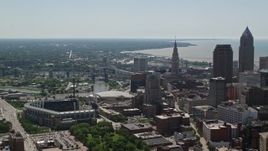 4.8K aerial stock footage of Terminal Tower and Progressive Field in Downtown Cleveland, Ohio Aerial Stock Footage | AX106_255E