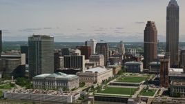 4.8K aerial stock footage of skyscrapers and Cleveland Mall in Downtown Cleveland, Ohio Aerial Stock Footage | AX106_264E
