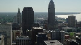 4.8K aerial stock footage flying by 200 Public Square and Key Tower, Downtown Cleveland, Ohio Aerial Stock Footage | AX107_010