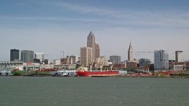 4.8K aerial stock footage of Downtown Cleveland skyline seen from Lake Erie, Ohio Aerial Stock Footage | AX107_014E