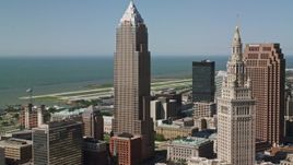 4.8K aerial stock footage flying by Key Tower and Terminal Tower, Downtown Cleveland, Ohio Aerial Stock Footage | AX107_022E
