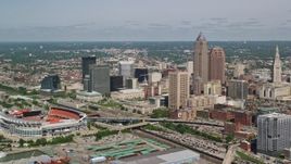 4.8K aerial stock footage of Downtown Cleveland and FirstEnergy Stadium, formerly Cleveland Browns Stadium, Ohio Aerial Stock Footage | AX107_038E