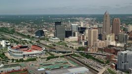 4.8K aerial stock footage of Downtown Cleveland and FirstEnergy Stadium, formerly Cleveland Browns Stadium, Ohio Aerial Stock Footage | AX107_039