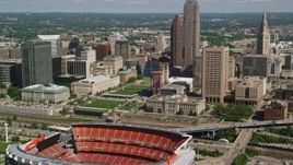 4.8K aerial stock footage of Cleveland Mall, FirstEnergy Stadium, formerly Cleveland Browns Stadium and City Hall, Downtown Cleveland, Ohio Aerial Stock Footage | AX107_041E