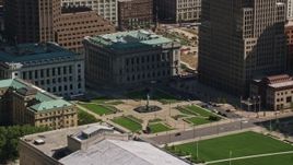 4.8K aerial stock footage orbiting Cleveland Mall and Courthouse, Downtown Cleveland, Ohio Aerial Stock Footage | AX107_044