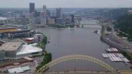 4.8K aerial stock footage approaching skyscrapers and Point State Park, Downtown Pittsburgh, Pennsylvania Aerial Stock Footage | AX107_168E