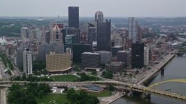 4.8K aerial stock footage of Point State Park and skyscrapers, Downtown Pittsburgh, Pennsylvania Aerial Stock Footage | AX107_172E