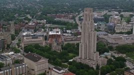 4.8K aerial stock footage of Cathedral of Learning and Heinz Memorial Chapel, University of Pittsburgh, Pennsylvania Aerial Stock Footage | AX107_182