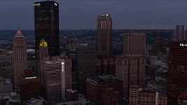 4K aerial stock footage of U.S. Steel Tower and BNY Mellon Center, Pittsburgh, Pennsylvania, twilight Aerial Stock Footage | AX108_072
