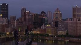 4K aerial stock footage of Downtown Pittsburgh skyscrapers from Allegheny River, Pennsylvania, twilight Aerial Stock Footage | AX108_114E