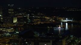 4K aerial stock footage of Point State Park and Heinz Field, Pittsburgh, night Aerial Stock Footage | AX108_215E