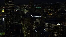 4K aerial stock footage flying by skyscrapers, Downtown Pittsburgh, Pennsylvania, night Aerial Stock Footage | AX108_222E