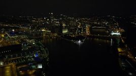 4K aerial stock footage of Point State Park and Downtown Pittsburgh, Pennsylvania, night Aerial Stock Footage | AX108_233E