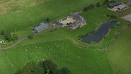 5.5K aerial stock footage flyby sheep farm and pond, Stirling, Scotland Aerial Stock Footage | AX109_091