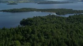 5.5K aerial stock footage fly over small island beach with trees, Loch Lomond, Scottish Highlands, Scotland Aerial Stock Footage | AX110_108E