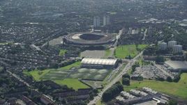 5.5K aerial stock footage approach the Hampden Park soccer stadium, Glasgow, Scotland Aerial Stock Footage | AX110_192E