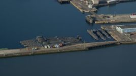 5.5K aerial stock footage of submarines at Rosyth Dockyard on Firth of Forth, Scotland Aerial Stock Footage | AX111_058