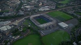 5.5K aerial stock footage of orbiting Murrayfield Stadium, Edinburgh, Scotland Aerial Stock Footage | AX111_153
