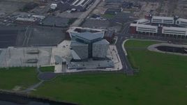5.5K aerial stock footage of the Titanic Museum, Belfast, Northern Ireland Aerial Stock Footage | AX113_086