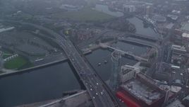 5.5K aerial stock footage of bridges and office buildings along River Lagan, Belfast, Northern Ireland Aerial Stock Footage | AX113_088E