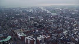 5.5K aerial stock footage of Port of Belfast and River Lagan bridges, Northern Ireland Aerial Stock Footage | AX113_104E