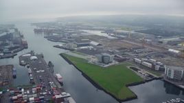 5.5K aerial stock footage of Port of Belfast and Titanic Museum in Northern Ireland Aerial Stock Footage | AX113_119