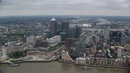 5.5K aerial stock footage of orbiting skyscrapers in Canary Wharf, London, England Aerial Stock Footage | AX114_130E