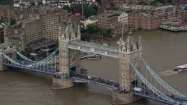 5.5K aerial stock footage of the Tower Bridge with traffic, Central London, England Aerial Stock Footage | AX115_170
