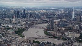 5.5K aerial stock footage of a wide view of the cityscape, from Central London to Shard by River Thames, England Aerial Stock Footage | AX115_250E