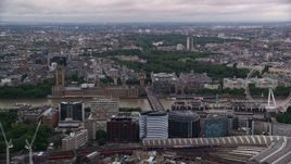 5.5K aerial stock footage of approaching British Parliament and Big Ben, London, England, twilight Aerial Stock Footage | AX116_024
