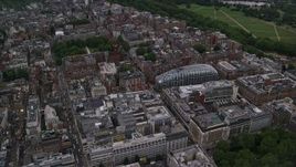 5.5K aerial stock footage of flying by office Buildings and Park House near Grosvenor Square, London, England, twilight Aerial Stock Footage | AX116_045E