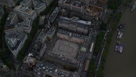 5.5K aerial stock footage of a bird's eye view of Somerset House in London, England, twilight Aerial Stock Footage | AX116_079E