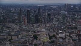 5.5K aerial stock footage pan across skyscrapers and Central London cityscape, London, England, twilight Aerial Stock Footage | AX116_081