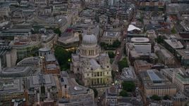 5.5K aerial stock footage of approaching St Paul's Cathedral, London, England, twilight Aerial Stock Footage | AX116_082